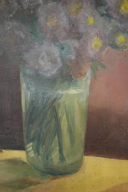 20th century oil on canvas painting of flowers on a table