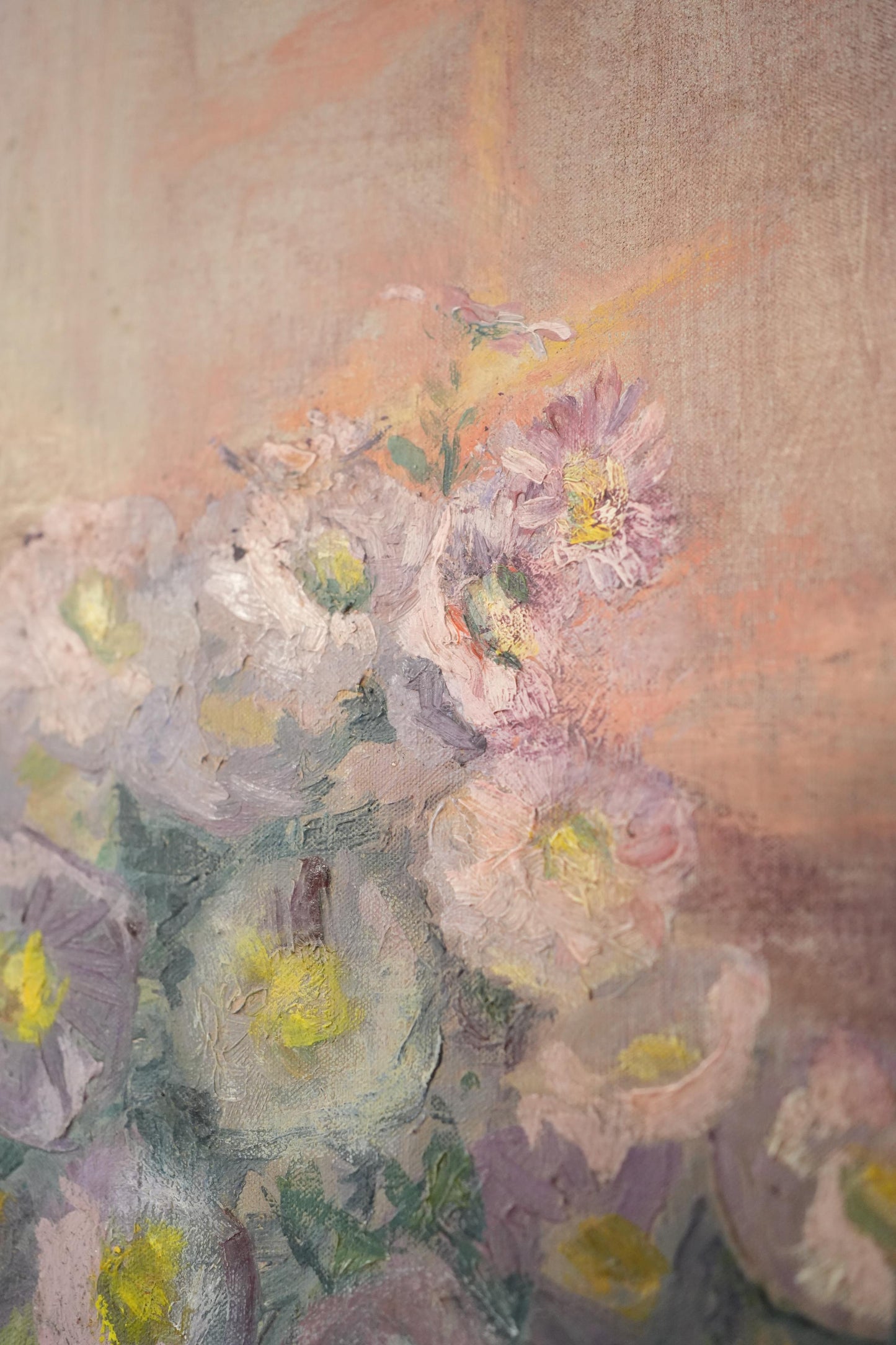 20th century oil on canvas painting of flowers on a table