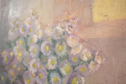 20th century oil on canvas painting of flowers on a table