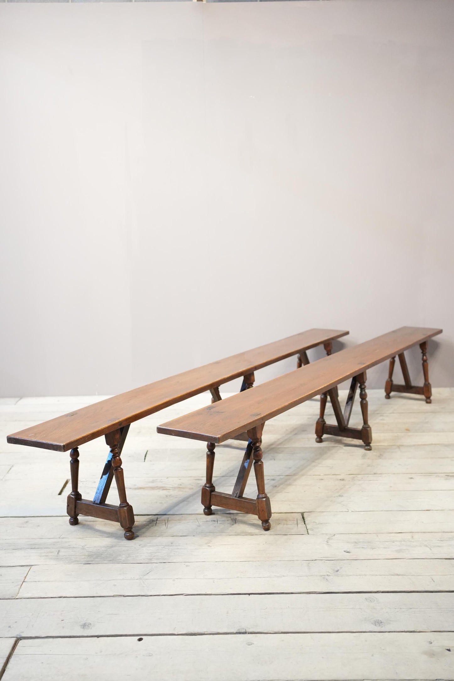 Pair of early 20th century 3m long Oak benches