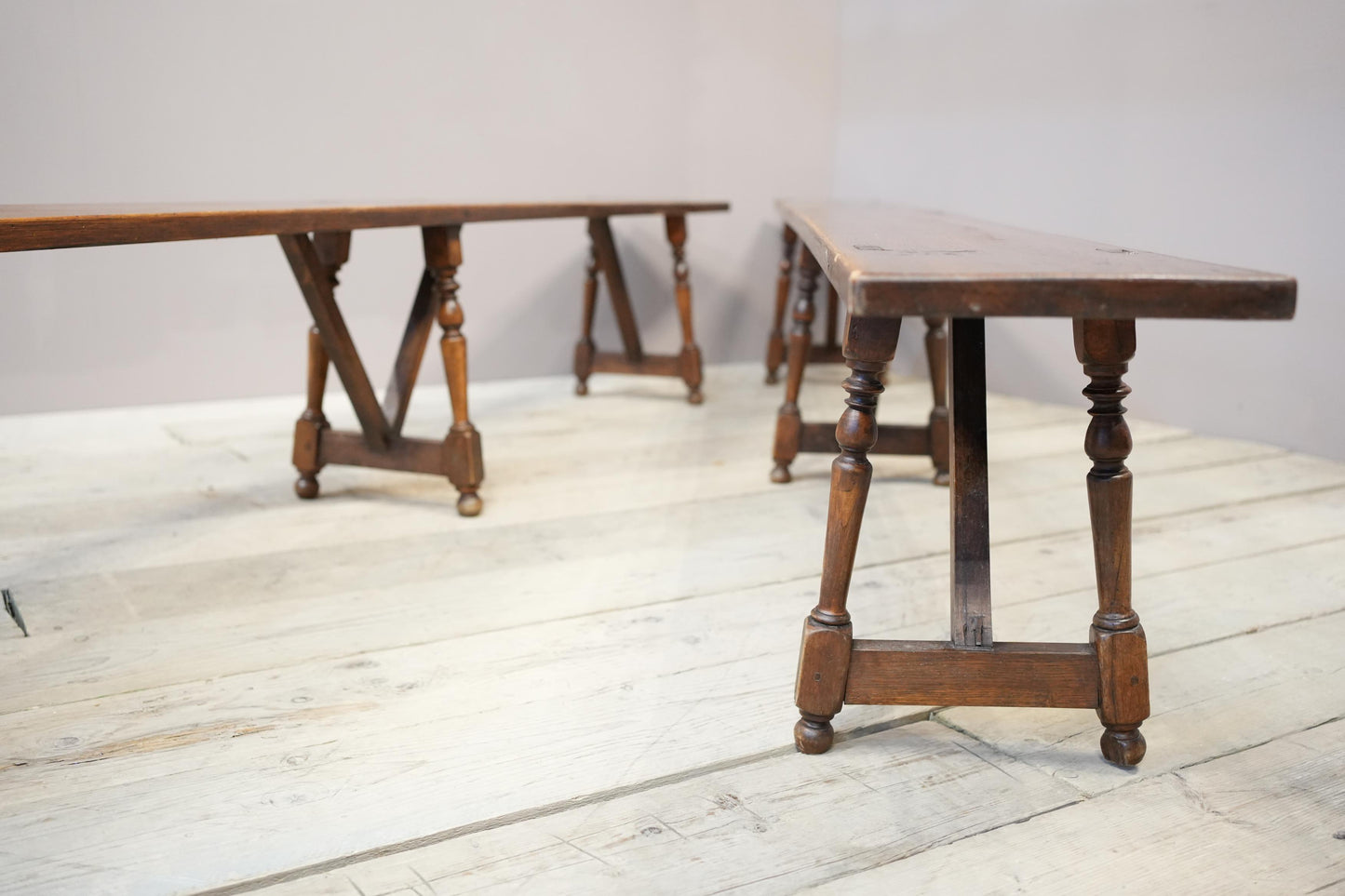 Pair of early 20th century 3m long Oak benches