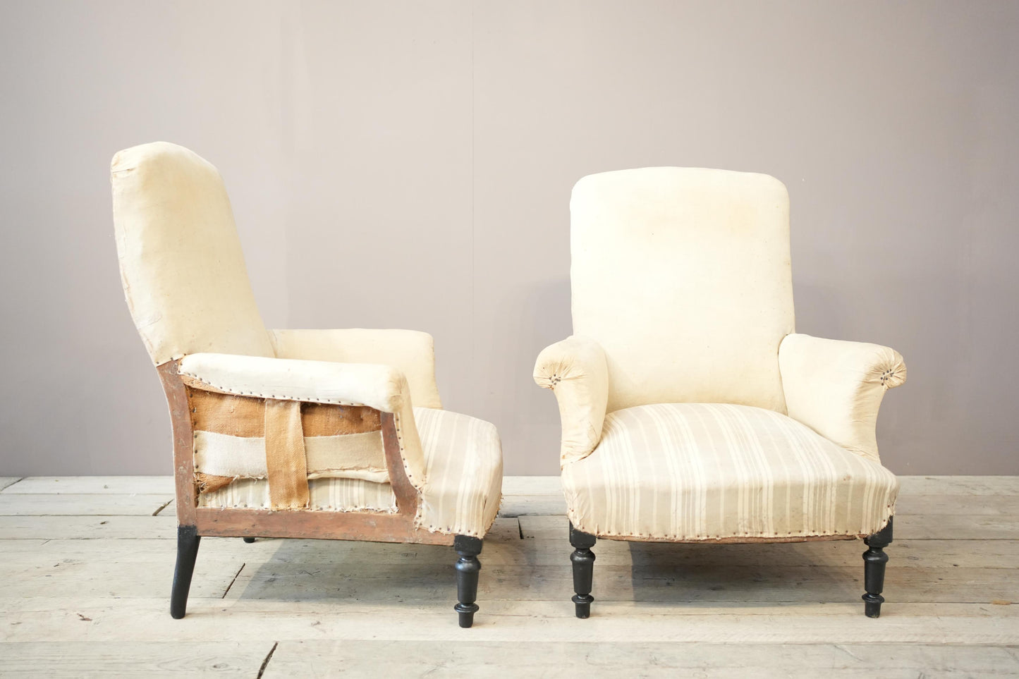 Pair of Napoleon III plain square backed armchairs