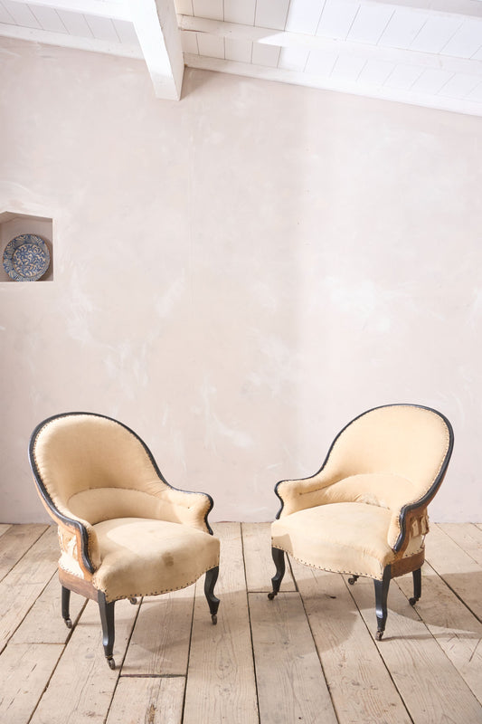 Pair of small Napoleon III tub chairs with ebonised frame