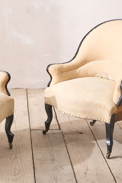 Pair of small Napoleon III tub chairs with ebonised frame