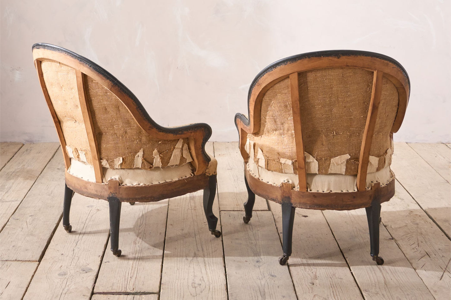 Pair of small Napoleon III tub chairs with ebonised frame