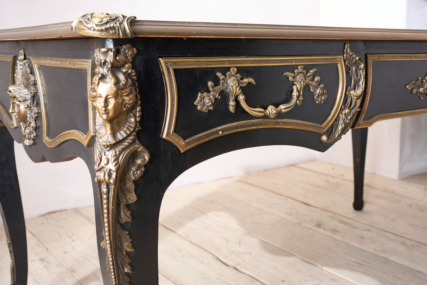 19th Century Ebonised French empire desk with leather top