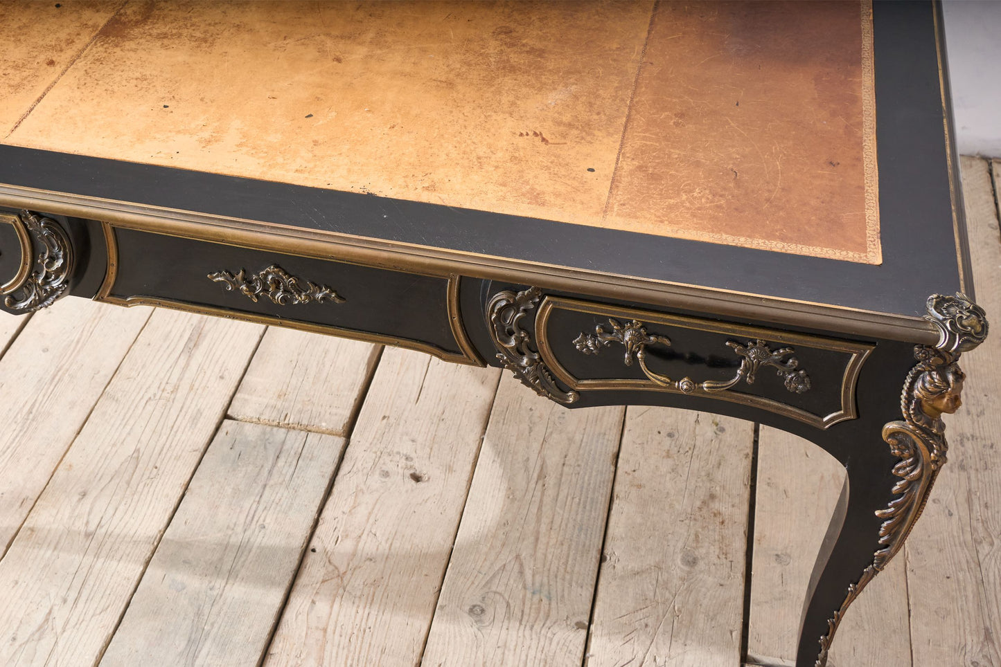 19th Century Ebonised French empire desk with leather top