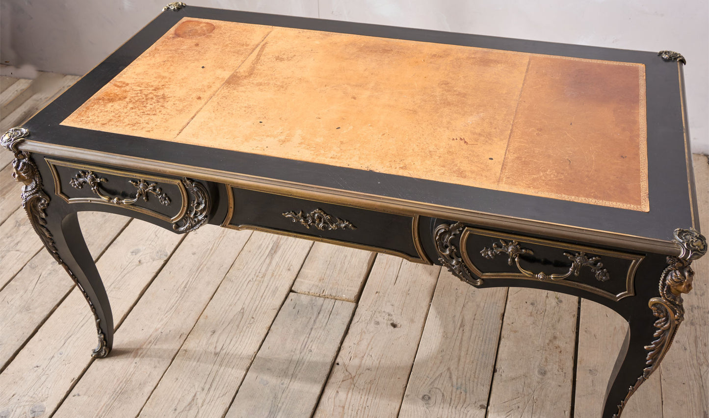 19th Century Ebonised French empire desk with leather top