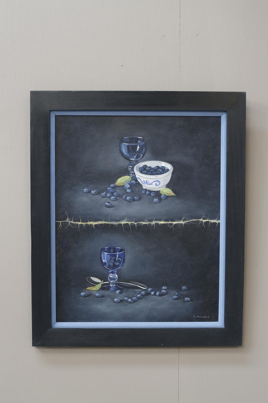 20th century blue glass and berry still life painting