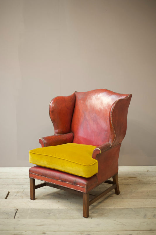 19th century red leather wingback armchair