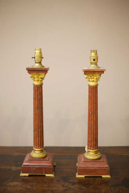 Pair of 19th century Red marble and ormolu table lamps