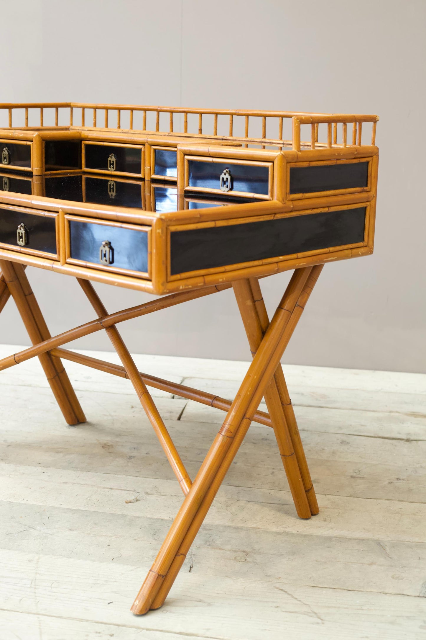 20th century Bamboo and black lacquer desk by E Murio