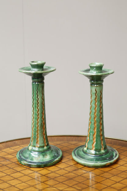 Pair of early 20th century Spanish Green glazed candle sticks