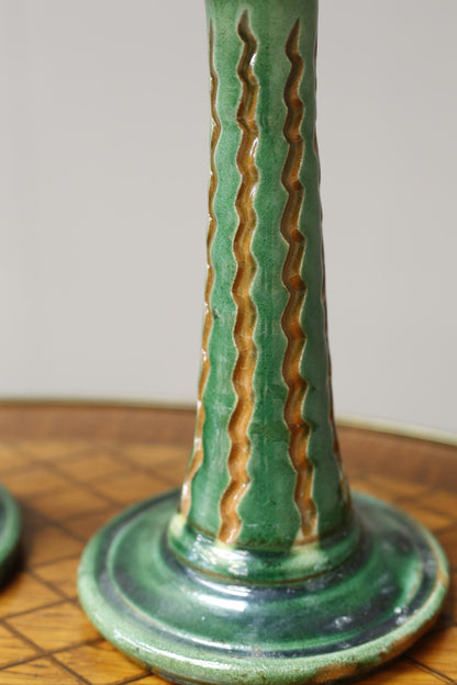 Pair of early 20th century Spanish Green glazed candle sticks