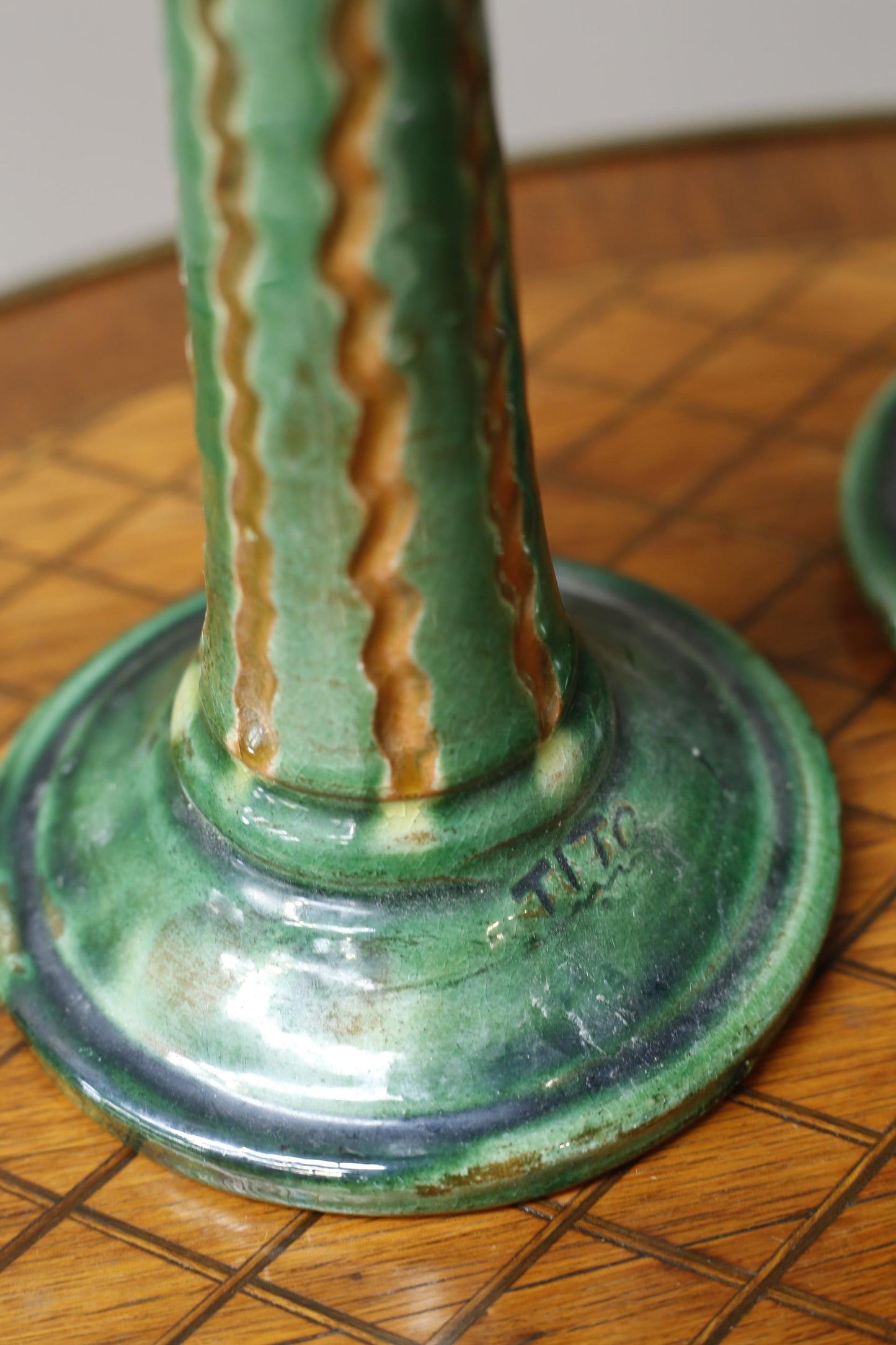 Pair of early 20th century Spanish Green glazed candle sticks