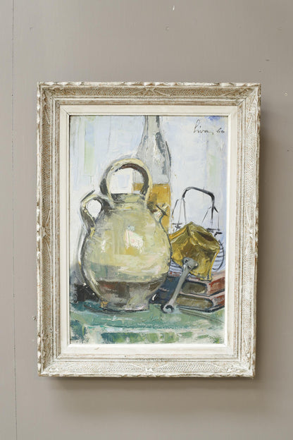 20th century oil on board painting of a confit pot