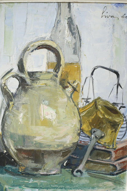 20th century oil on board painting of a confit pot