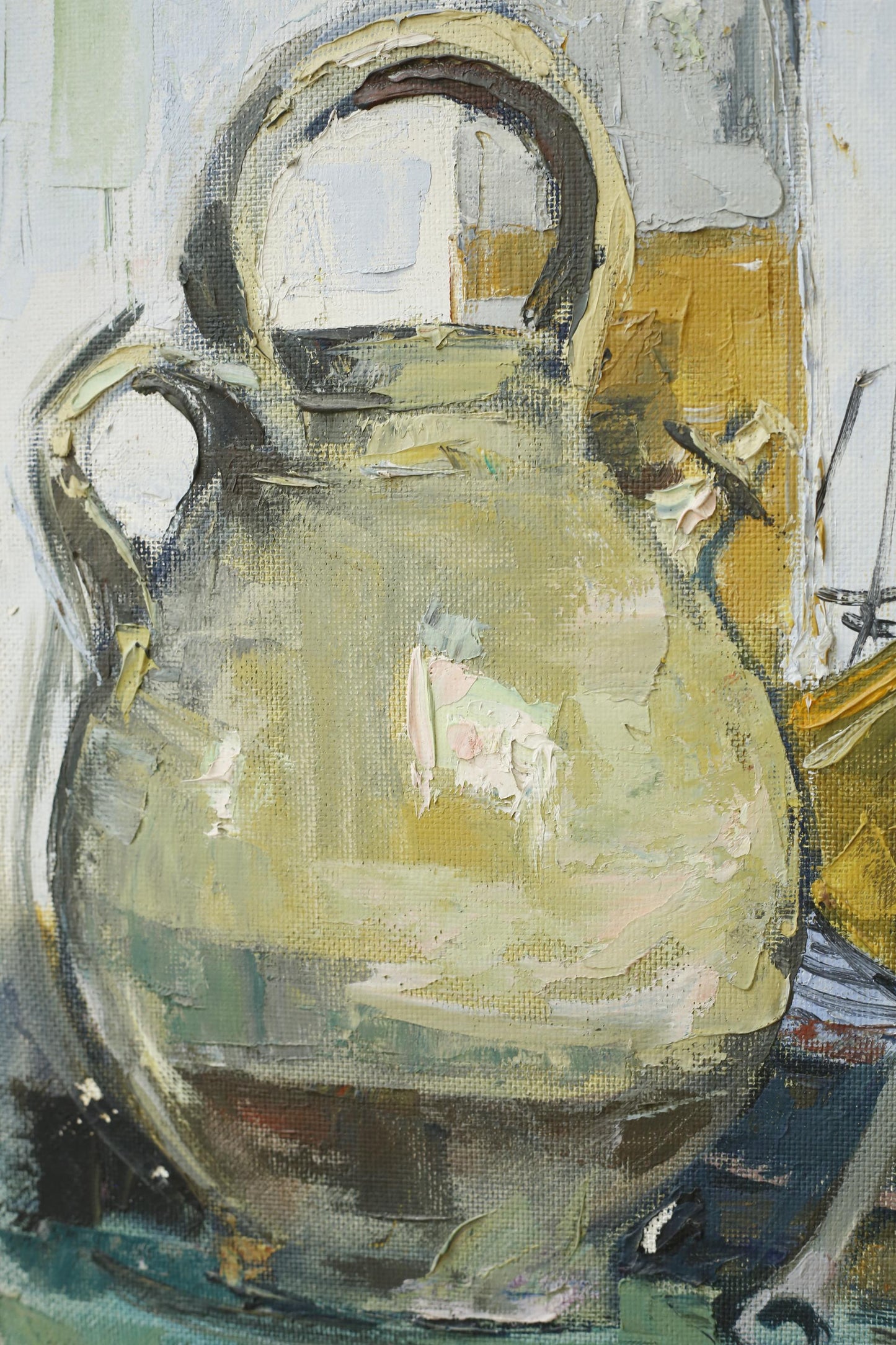 20th century oil on board painting of a confit pot