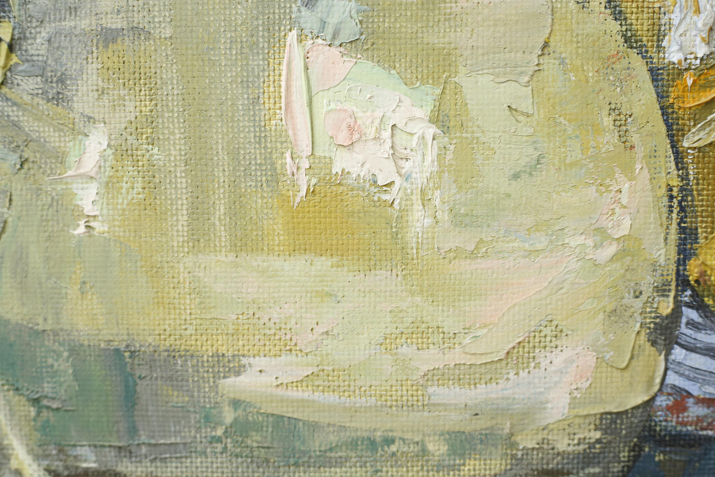 20th century oil on board painting of a confit pot