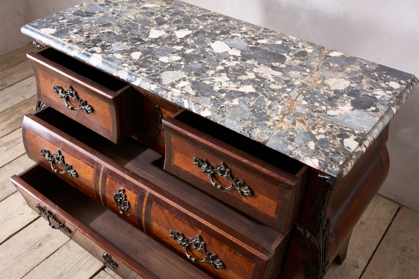 20th century kingwood chest of drawers with marble top