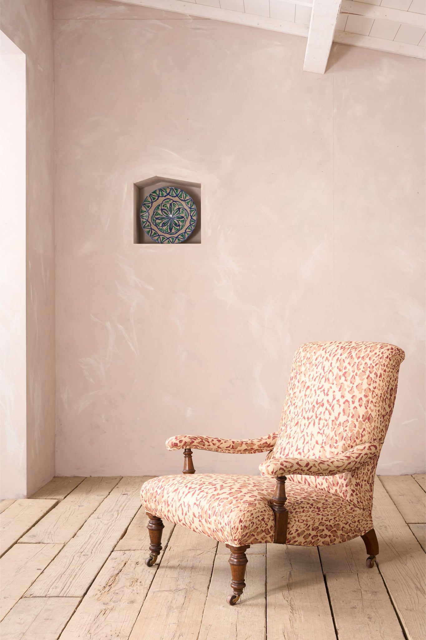 19th century shapely open armchair upholstered in Rose Cumming Sabu