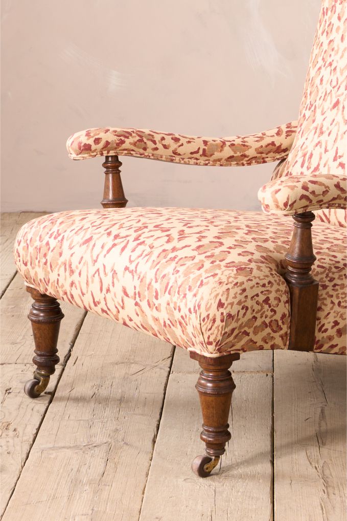 19th century shapely open armchair upholstered in Rose Cumming Sabu