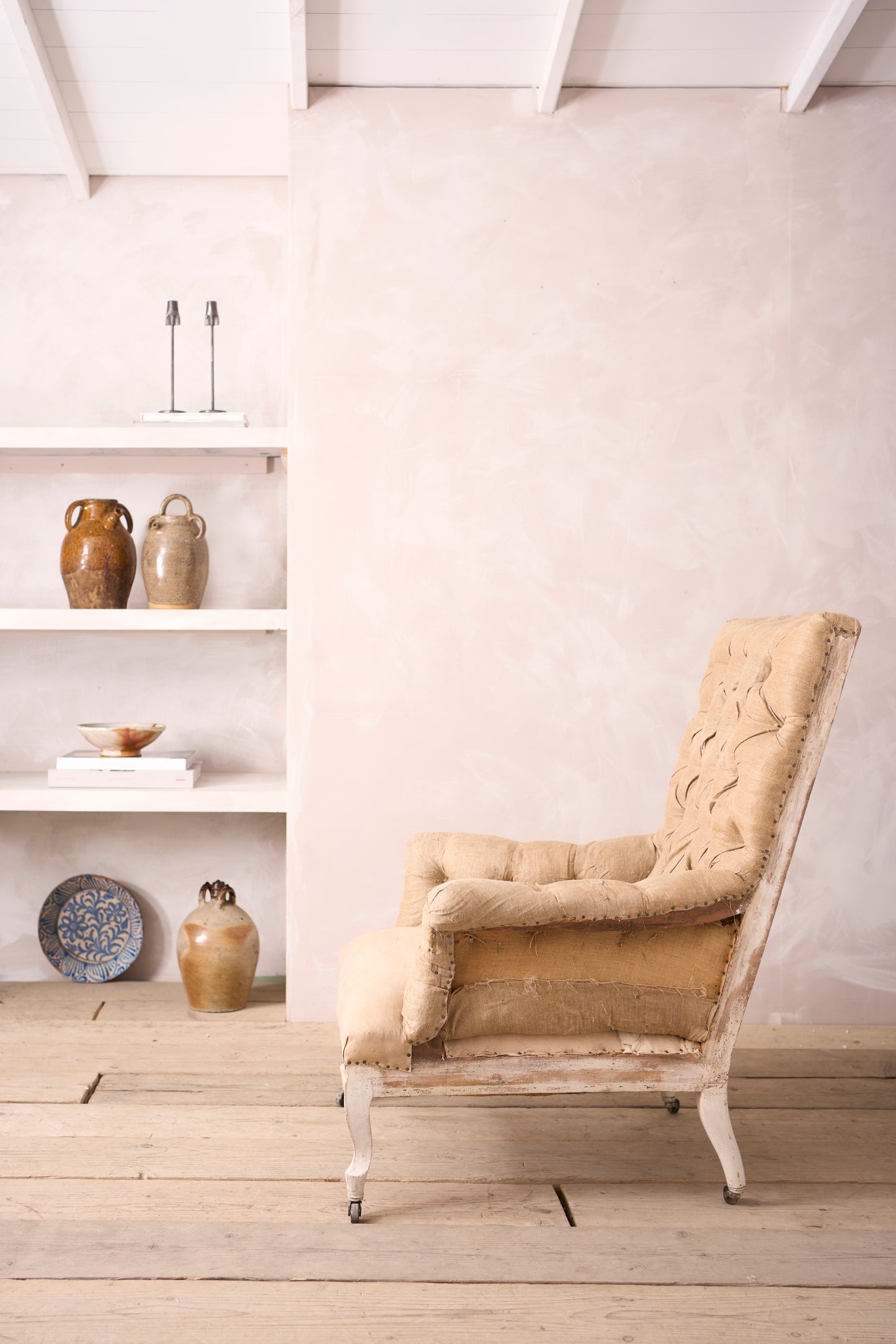 19th century French buttoned square back armchair