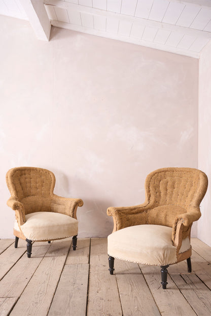 Pair of hessian curved back Napoleon III armchairs