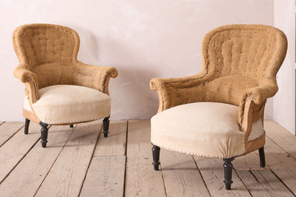 Pair of hessian curved back Napoleon III armchairs