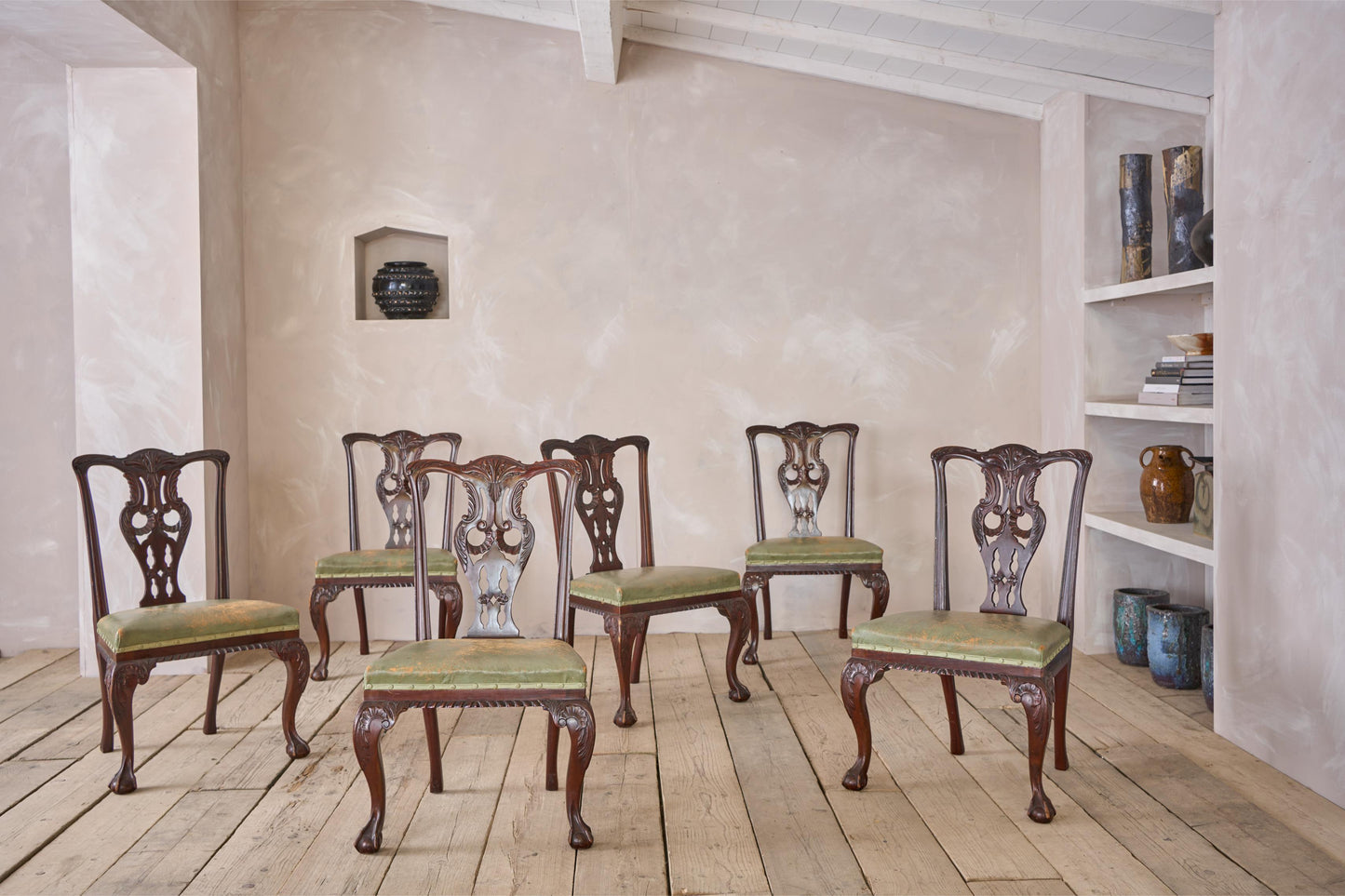 Set of 6 Jas Shoolbred Dining chairs in mint green leather