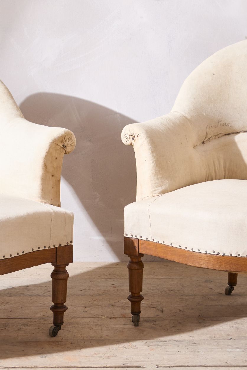 Pair of 19th century French tub chairs with show wood frame