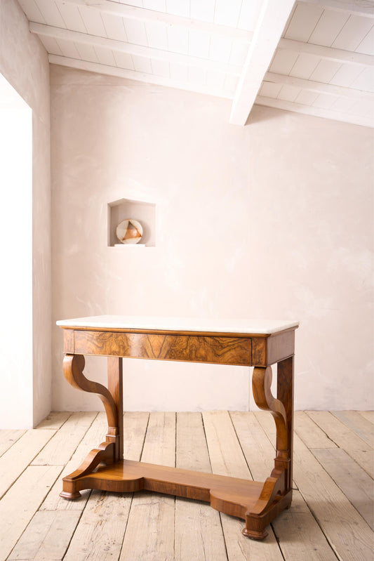 19th century walnut and white marble console table