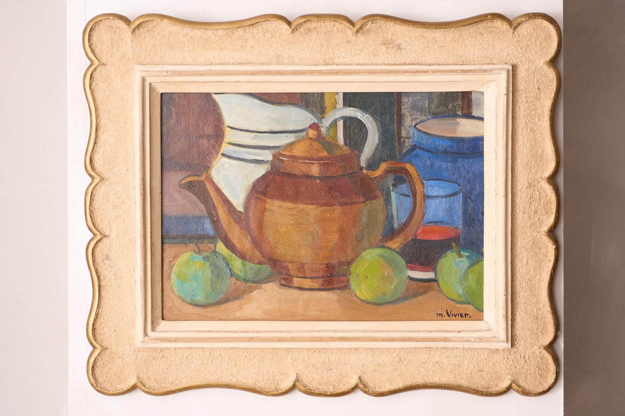 20th century painting on board of a teapot - M Vivier