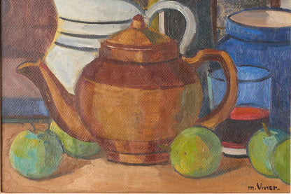 20th century painting on board of a teapot - M Vivier