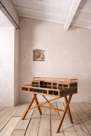 20th century Bamboo and black lacquer desk by E Murio