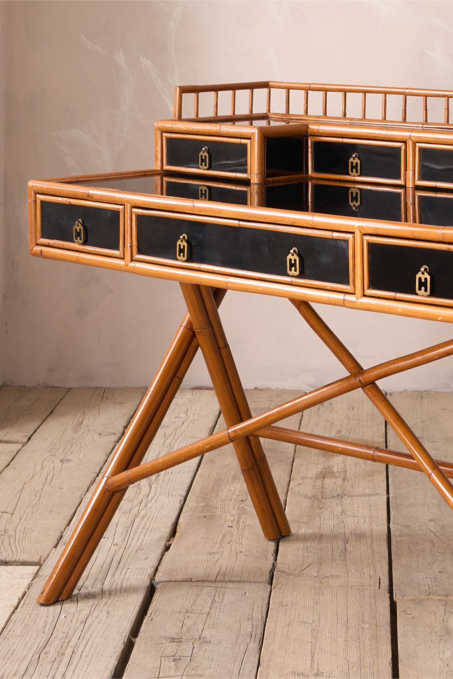 20th century Bamboo and black lacquer desk by E Murio