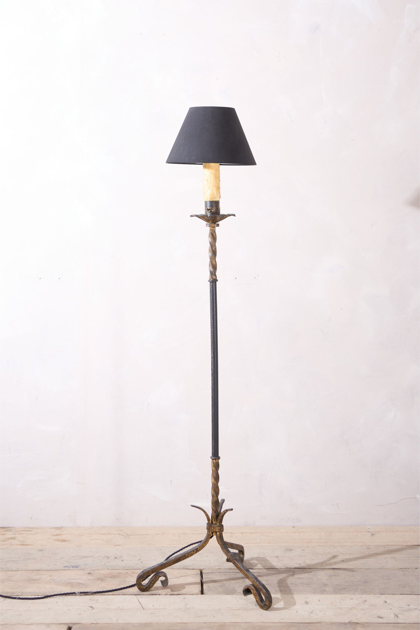 Mid Century Spanish Gilt Metal And Leather Floor Lamp