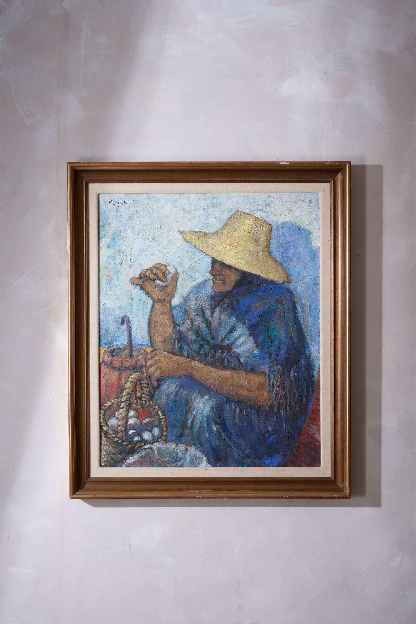 20th Century Oil On Canvas Of A Lady Selling Eggs- M Sancho