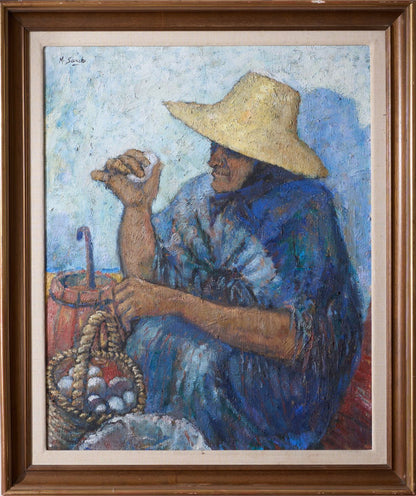 20th Century Oil On Canvas Of A Lady Selling Eggs- M Sancho