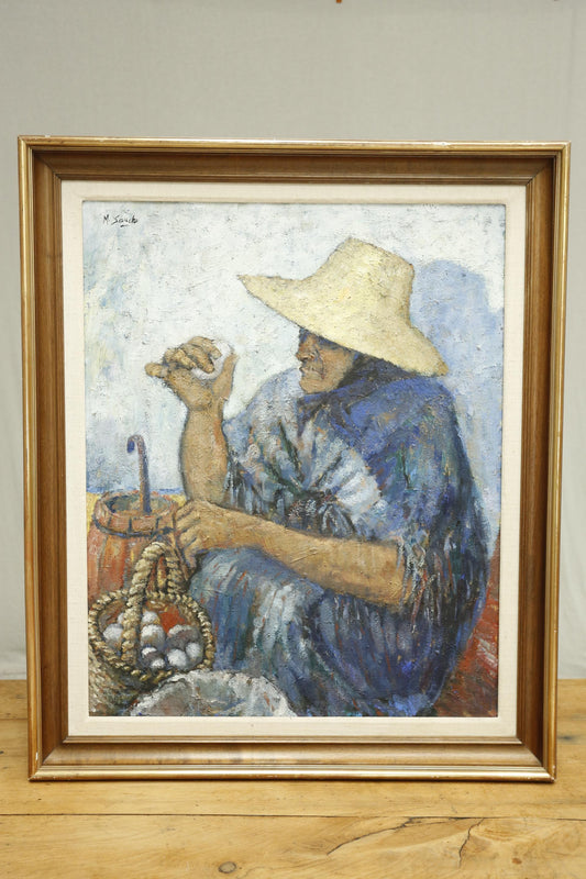 20th Century Oil on canvas of a lady selling eggs- M Sancho