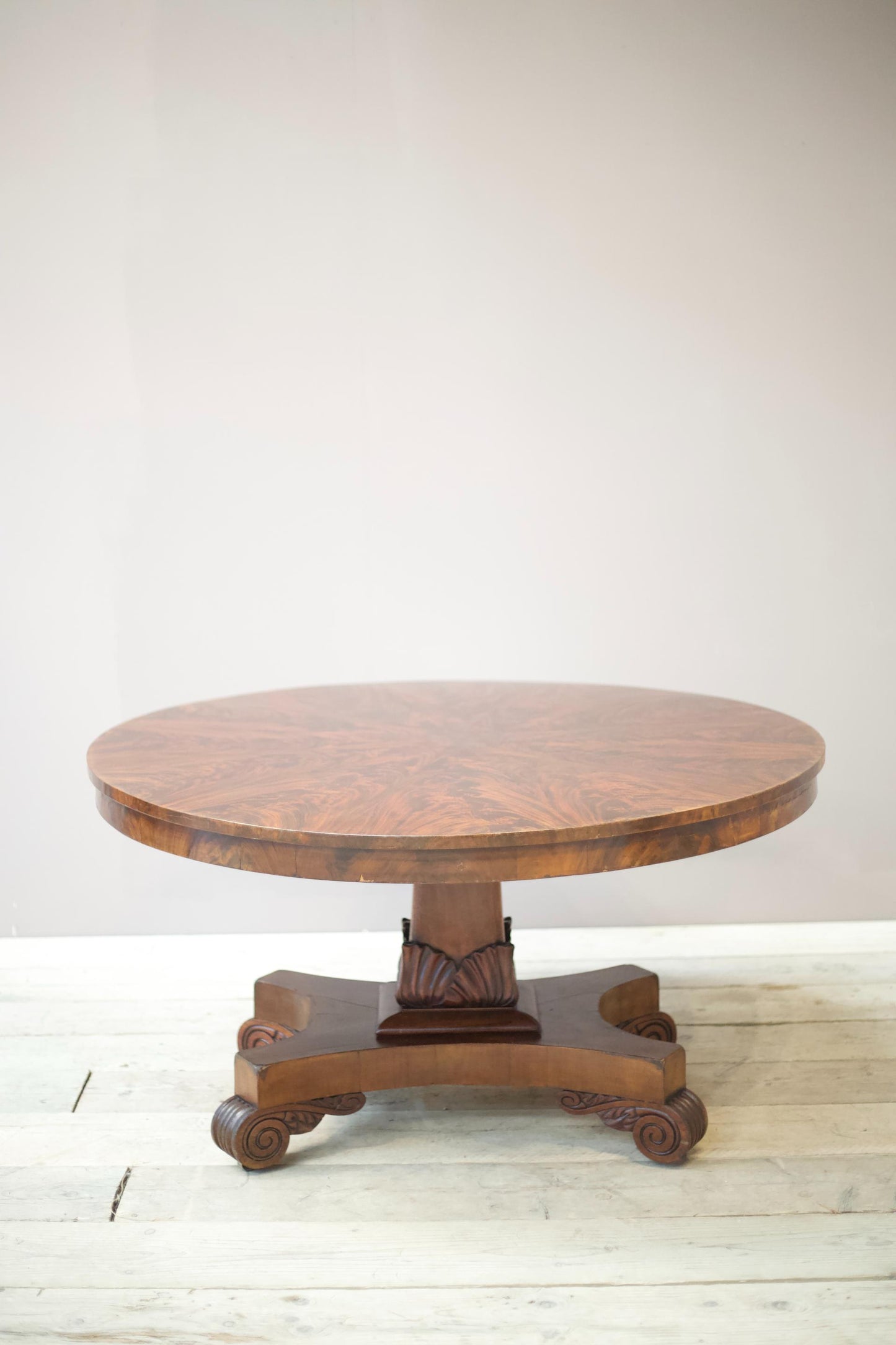 William IV flame mahogany tilt top centre table