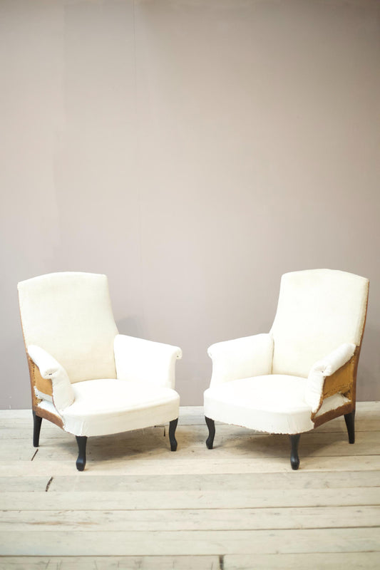 Pair of Napoleon III plain square back armchairs