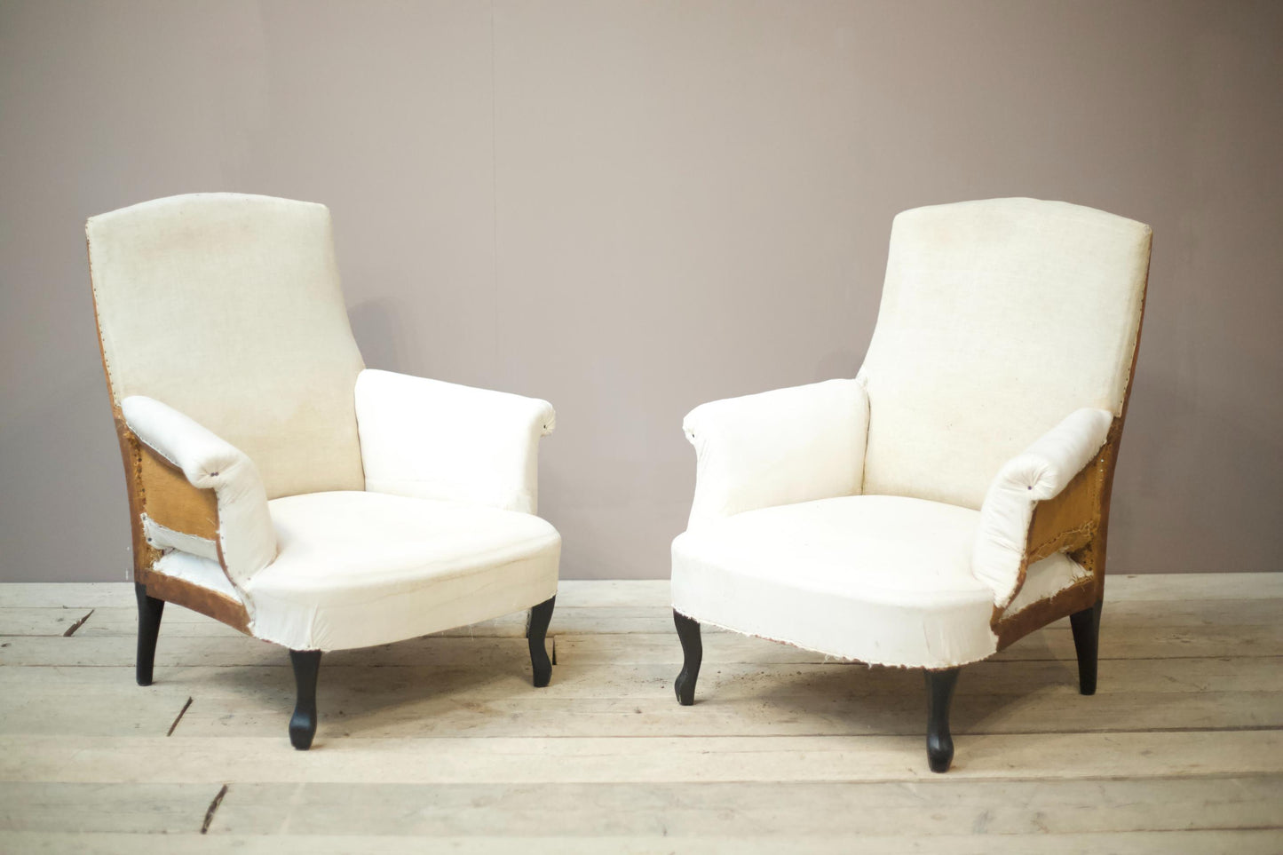 Pair of Napoleon III plain square back armchairs