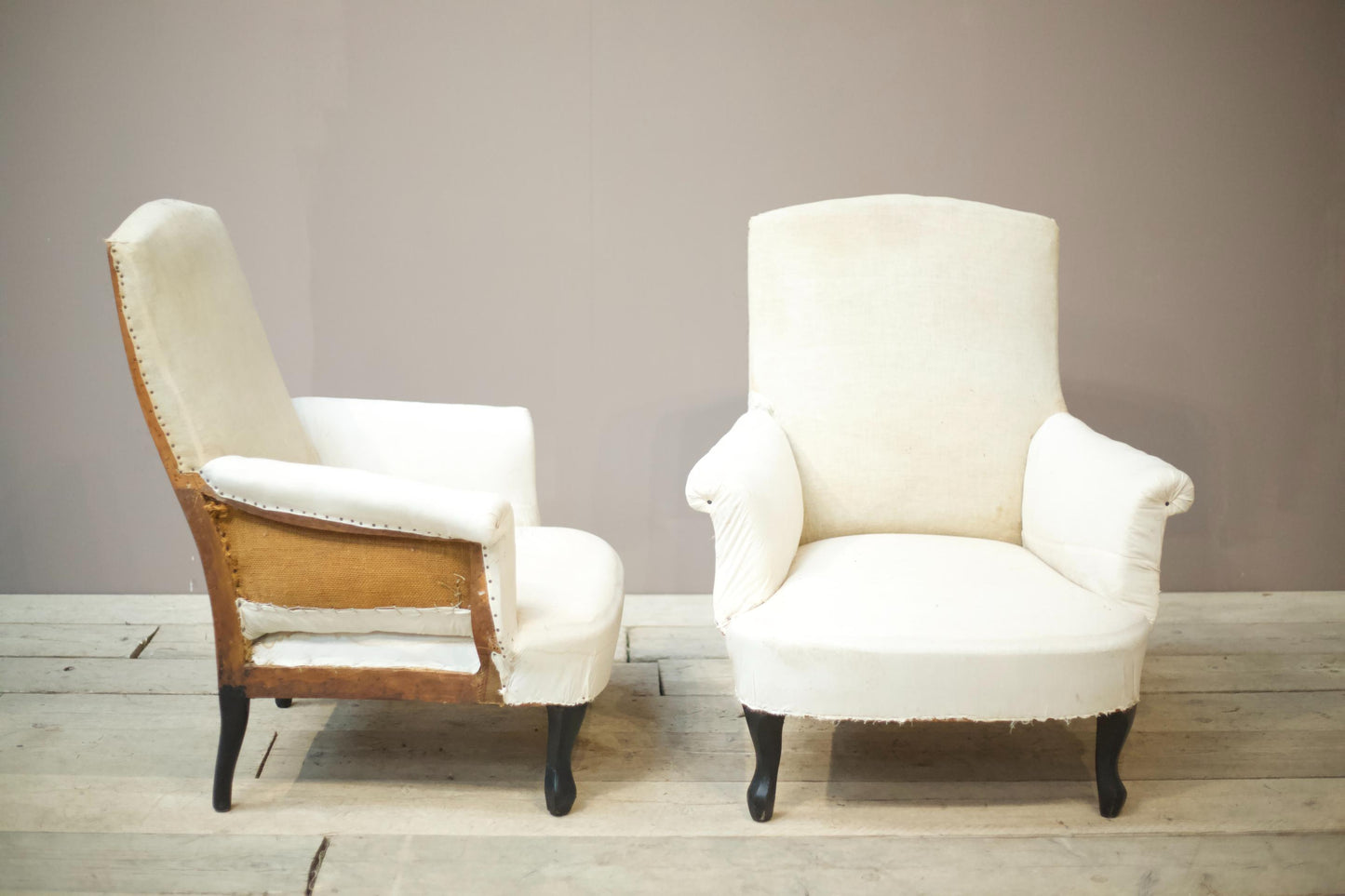 Pair of Napoleon III plain square back armchairs